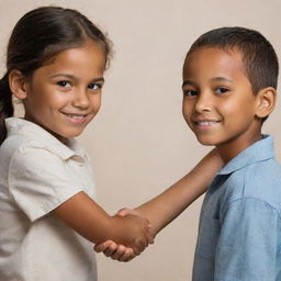 A young Caucasian girl holding hands with a young boy of brown complexion, showing their bond of friendship and unity. They have innocent smiles on their faces displayed prominently against a neutral background.