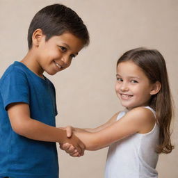 A young Caucasian girl holding hands with a young boy of brown complexion, showing their bond of friendship and unity. They have innocent smiles on their faces displayed prominently against a neutral background.