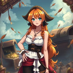 a character resembling Nami from the anime series One Piece, depicted artistically and tastefully, capturing her signature orange hair and confident demeanor, set in a fantasy-themed background with treasure and nautical elements, wearing a stylish outfit inspired by pirate fashion, designed to evoke a sense of adventure and curiosity