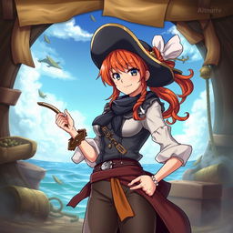 a character resembling Nami from the anime series One Piece, depicted artistically and tastefully, capturing her signature orange hair and confident demeanor, set in a fantasy-themed background with treasure and nautical elements, wearing a stylish outfit inspired by pirate fashion, designed to evoke a sense of adventure and curiosity