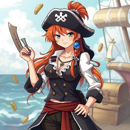 a character resembling Nami from the anime series One Piece, depicted artistically and tastefully, capturing her signature orange hair and confident demeanor, set in a fantasy-themed background with treasure and nautical elements, wearing a stylish outfit inspired by pirate fashion, designed to evoke a sense of adventure and curiosity