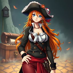 a character resembling Nami from the anime series One Piece, depicted artistically and tastefully, capturing her signature orange hair and confident demeanor, set in a fantasy-themed background with treasure and nautical elements, wearing a stylish outfit inspired by pirate fashion, designed to evoke a sense of adventure and curiosity