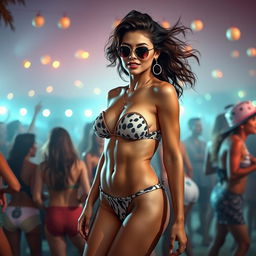 A glamorous scene depicting a confident and attractive woman in a stylish bikini at a lively beach gathering