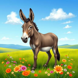 A beautifully detailed illustration of a majestic donkey standing gallantly in a serene and lush meadow