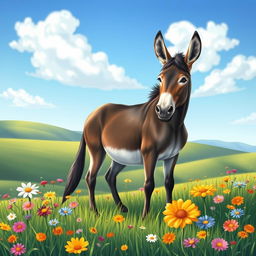 A beautifully detailed illustration of a majestic donkey standing gallantly in a serene and lush meadow