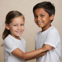 A young Caucasian girl holding hands with a young boy of brown complexion, showing their bond of friendship and unity. They have innocent smiles on their faces displayed prominently against a neutral background.