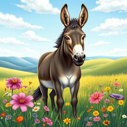 A beautifully detailed illustration of a majestic donkey standing gallantly in a serene and lush meadow