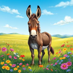 A beautifully detailed illustration of a majestic donkey standing gallantly in a serene and lush meadow