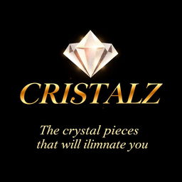 A logo design for a Kpop group featuring the large, bold writing "CRISTALZ" with elegant font, underneath in smaller cursive writing "The crystal pieces that will illuminate you"