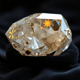 A stunning crystal featuring a harmonious blend of gold and silver elements, showcasing intricate geometrical patterns