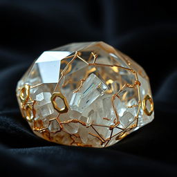 A stunning crystal featuring a harmonious blend of gold and silver elements, showcasing intricate geometrical patterns