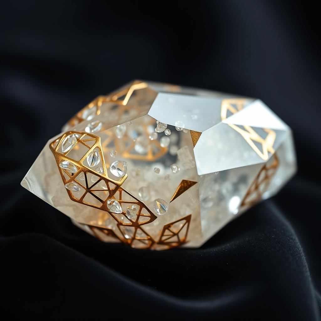 A stunning crystal featuring a harmonious blend of gold and silver elements, showcasing intricate geometrical patterns