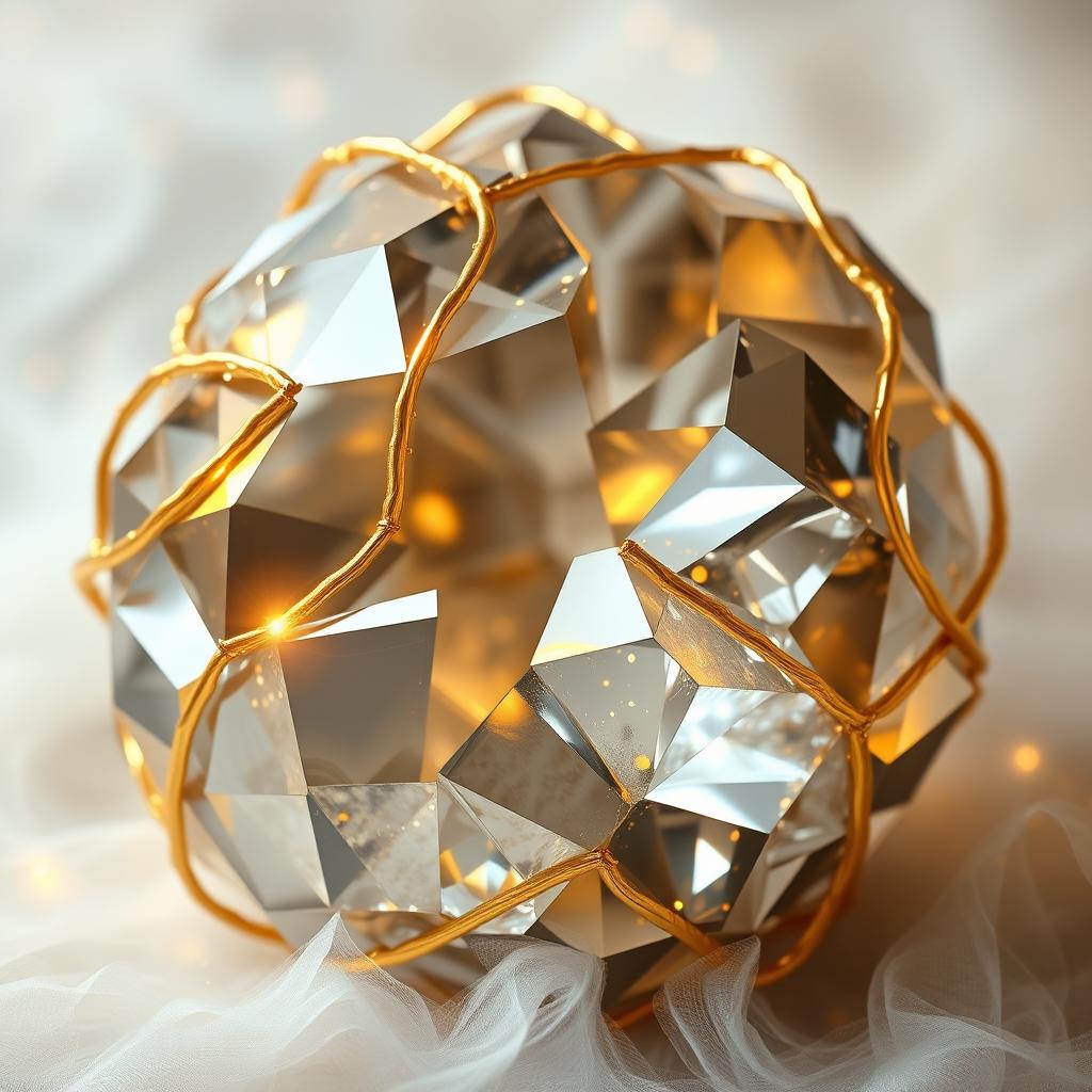 An opulent background featuring a large, faceted crystal composed of intertwining gold and silver elements