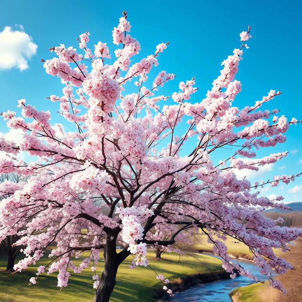 A majestic sakura tree in full bloom, with delicate pink and white petals cascading gently in the breeze