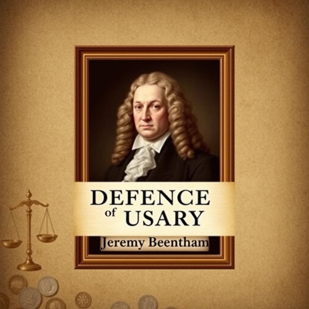 Create a book cover for Jeremy Bentham's 'Defence of Usury', featuring a real portrait of Jeremy Bentham