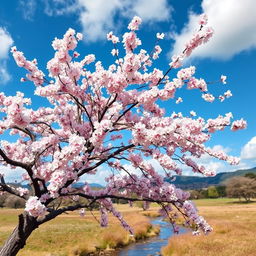 A majestic sakura tree in full bloom, with delicate pink and white petals cascading gently in the breeze