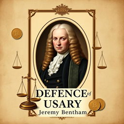 Create a book cover for Jeremy Bentham's 'Defence of Usury', featuring a real portrait of Jeremy Bentham