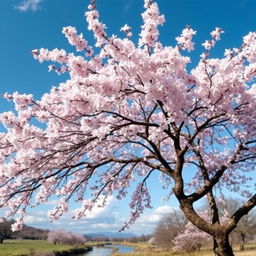 A majestic sakura tree in full bloom, with delicate pink and white petals cascading gently in the breeze