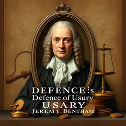 Create a book cover for Jeremy Bentham's 'Defence of Usury', featuring a real portrait of Jeremy Bentham