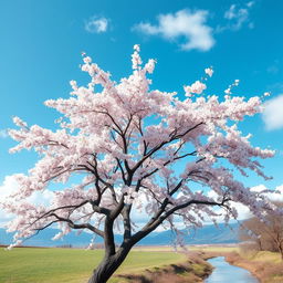 A majestic sakura tree in full bloom, with delicate pink and white petals cascading gently in the breeze