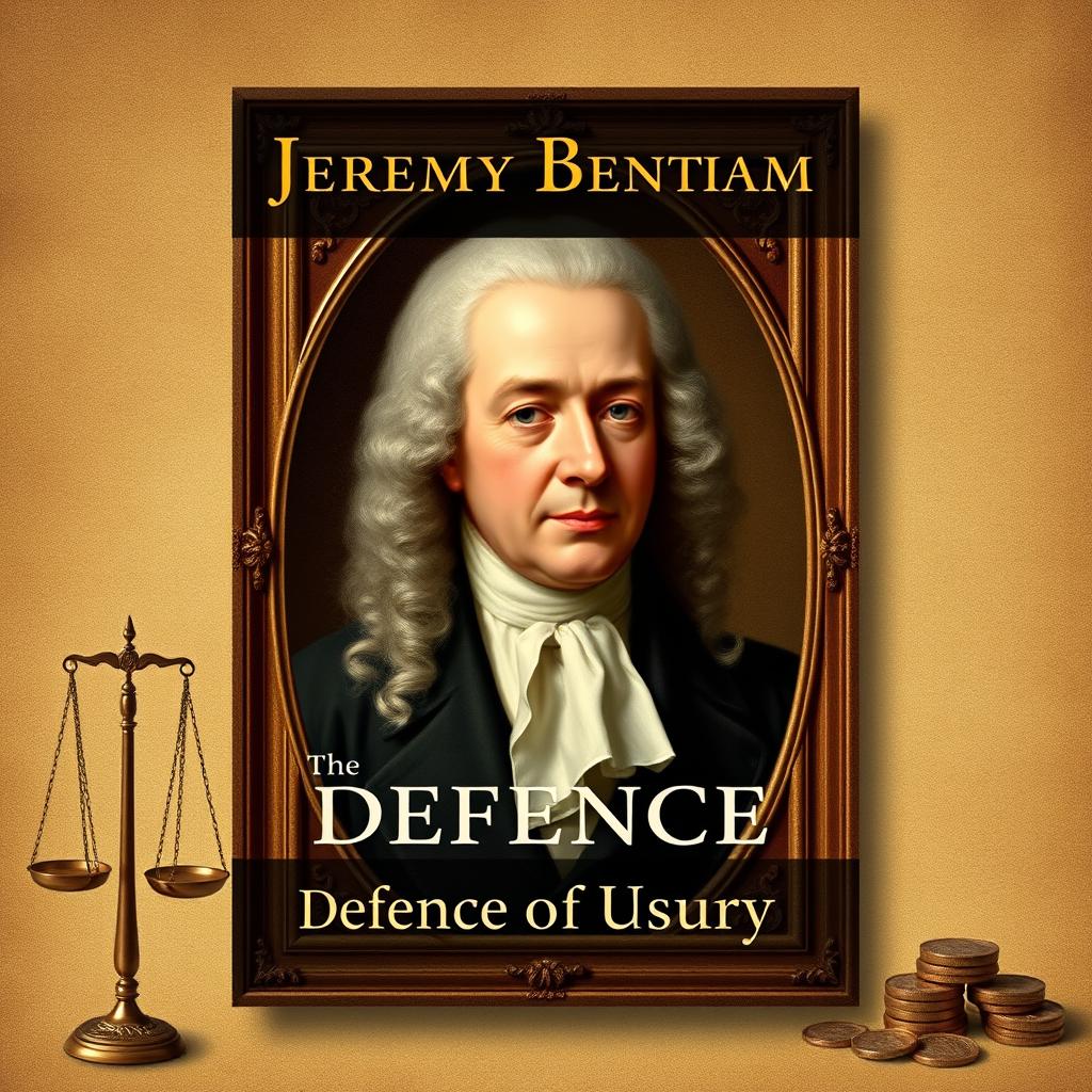 Create a book cover for Jeremy Bentham's 'Defence of Usury', featuring a real portrait of Jeremy Bentham