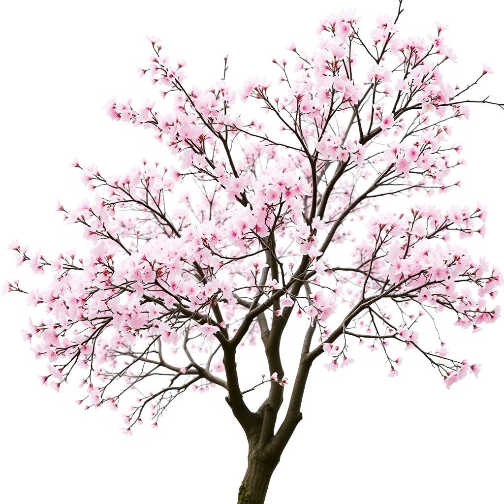 A majestic sakura tree in full bloom against a pristine white background