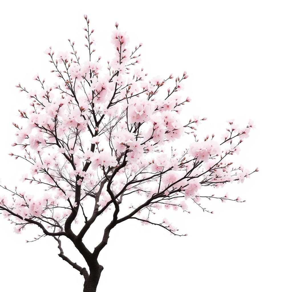 A majestic sakura tree in full bloom against a pristine white background