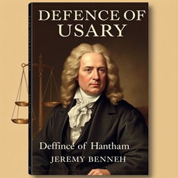 Create a book cover for 'Defence of Usury' by Jeremy Bentham, featuring a real and prominent portrait of Jeremy Bentham as the central focus, occupying about one-third of the design