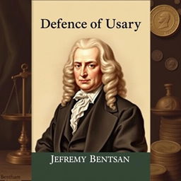 Create a book cover for 'Defence of Usury' by Jeremy Bentham, featuring a real and prominent portrait of Jeremy Bentham as the central focus, occupying about one-third of the design