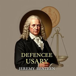 Create a book cover for 'Defence of Usury' by Jeremy Bentham, featuring a real and prominent portrait of Jeremy Bentham as the central focus, occupying about one-third of the design