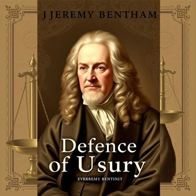 Create a book cover for 'Defence of Usury' by Jeremy Bentham, featuring a real and prominent portrait of Jeremy Bentham as the central focus, occupying about one-third of the design