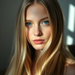 A blue-eyed young woman with long blonde hair cascading down, showcasing her natural beauty with a modest demeanor