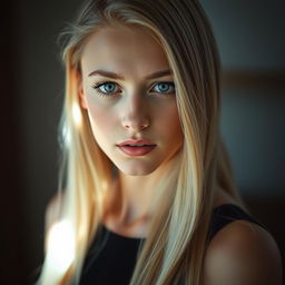 A blue-eyed young woman with long blonde hair cascading down, showcasing her natural beauty with a modest demeanor