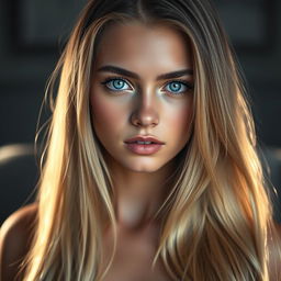 A blue-eyed young woman with long blonde hair cascading down, showcasing her natural beauty with a modest demeanor
