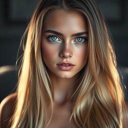 A blue-eyed young woman with long blonde hair cascading down, showcasing her natural beauty with a modest demeanor