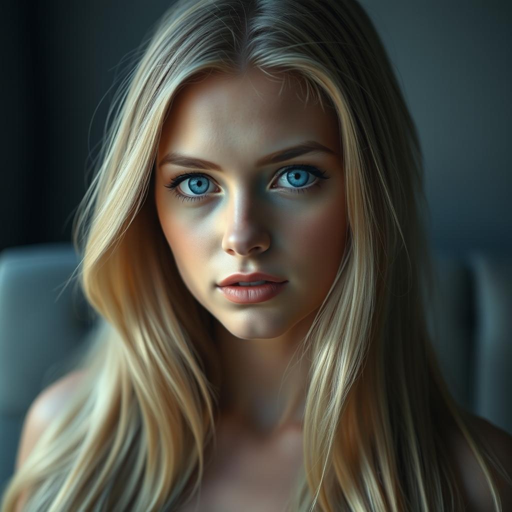 A blue-eyed young woman with long blonde hair cascading down, showcasing her natural beauty with a modest demeanor