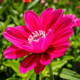 close-up of a beautiful flower, vibrant petals, focus on the center, lush greenery in the background, highly detailed, bright lighting