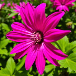 close-up of a beautiful flower, vibrant petals, focus on the center, lush greenery in the background, highly detailed, bright lighting