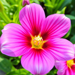 close-up of a beautiful flower, vibrant petals, focus on the center, lush greenery in the background, highly detailed, bright lighting