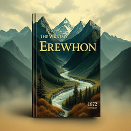 Create a book cover for the anti-Utopian novel "Erewhon" set in 1872, capturing the essence of the South Island of New Zealand's landscapes and the novel's philosophical themes