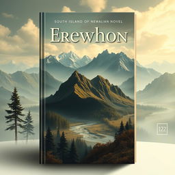 Create a book cover for the anti-Utopian novel "Erewhon" set in 1872, capturing the essence of the South Island of New Zealand's landscapes and the novel's philosophical themes