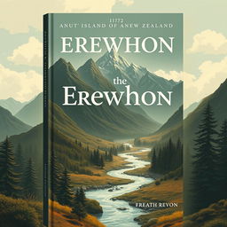 Create a book cover for the anti-Utopian novel "Erewhon" set in 1872, capturing the essence of the South Island of New Zealand's landscapes and the novel's philosophical themes