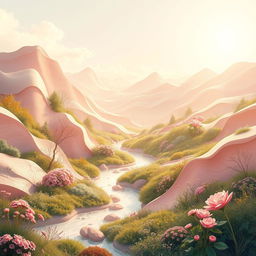 Artistic representation of a feminine abstract landscape shaped like a valley, symbolizing femininity and nature