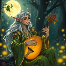 A charismatic elf bard playing a lute under the moonlight in a lush forest