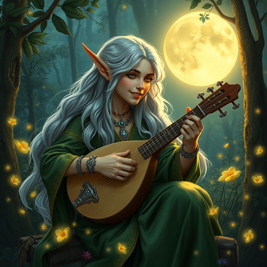 A charismatic elf bard playing a lute under the moonlight in a lush forest