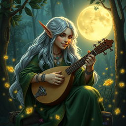 A charismatic elf bard playing a lute under the moonlight in a lush forest