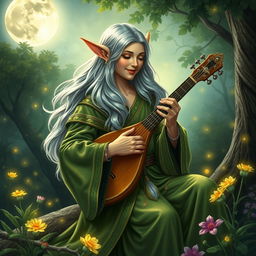 A charismatic elf bard playing a lute under the moonlight in a lush forest