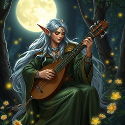 A charismatic elf bard playing a lute under the moonlight in a lush forest