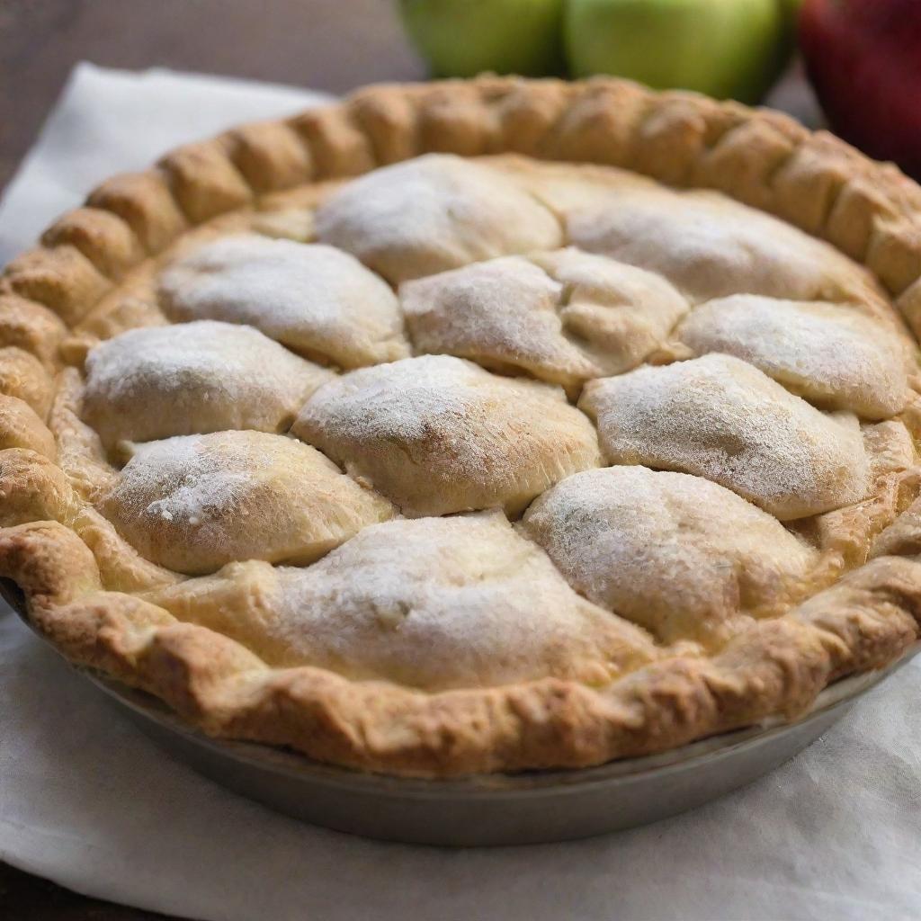 A crusty golden brown apple pie fresh out of the oven, with steam escaping from the tiny crust slits revealing the juicy apple filling inside. A bit of powdered sugar sprinkled on top for a sweet touch.