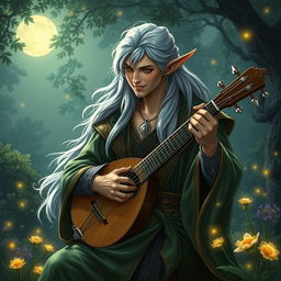 A charismatic male elf bard playing a lute under the moonlight in a lush forest